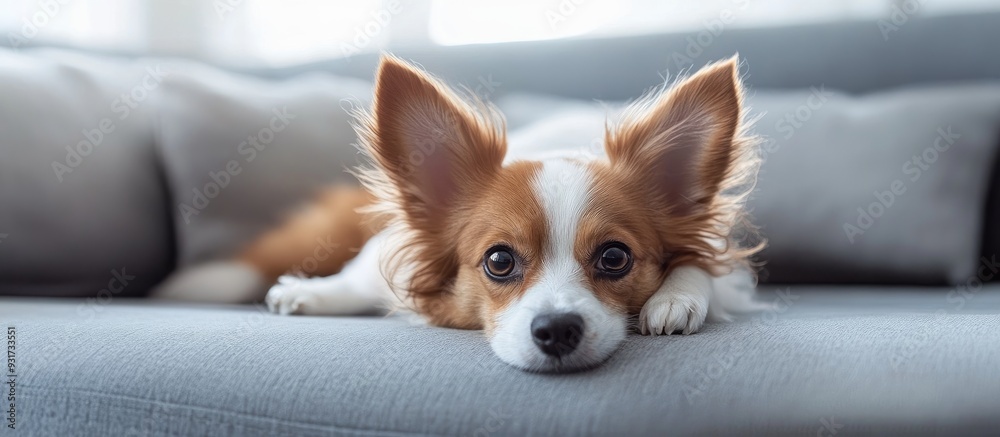 Aufkleber A sad little dog with floppy ears rests on the sofa. with copy space image. Place for adding text or design