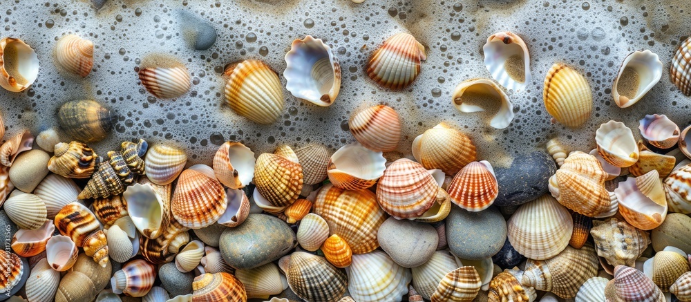 Poster background featuring lovely sand seashells and pebbles on the beach by the sea shore. with copy spac