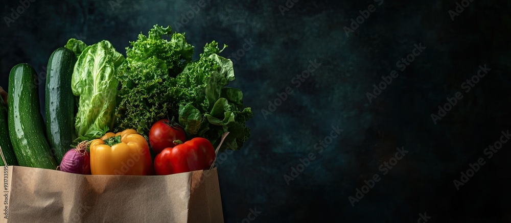 Leinwandbilder close up of fresh vegetables in an eco friendly paper bag set against a dark background clean vegan 