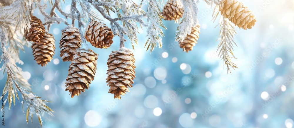 Poster environmental themed christmas tree with golden cones suspended from white birch branches. with copy
