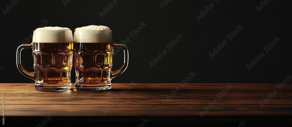 Aufkleber Mugs filled with fresh delicious beer on the table. with copy space image. Place for adding text or design