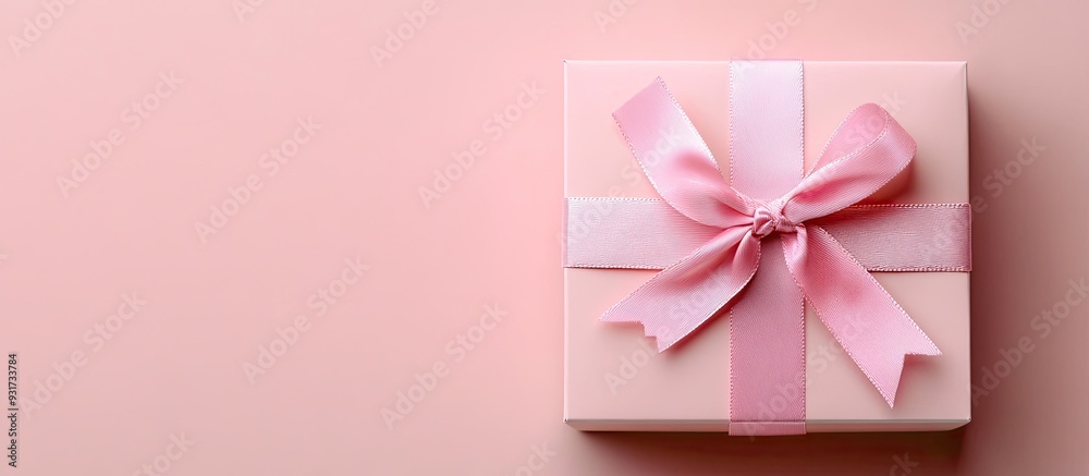 Aufkleber Gift box wrapped in pastel paper with a pink ribbon on a pink surface Top view. with copy space image. Place for adding text or design