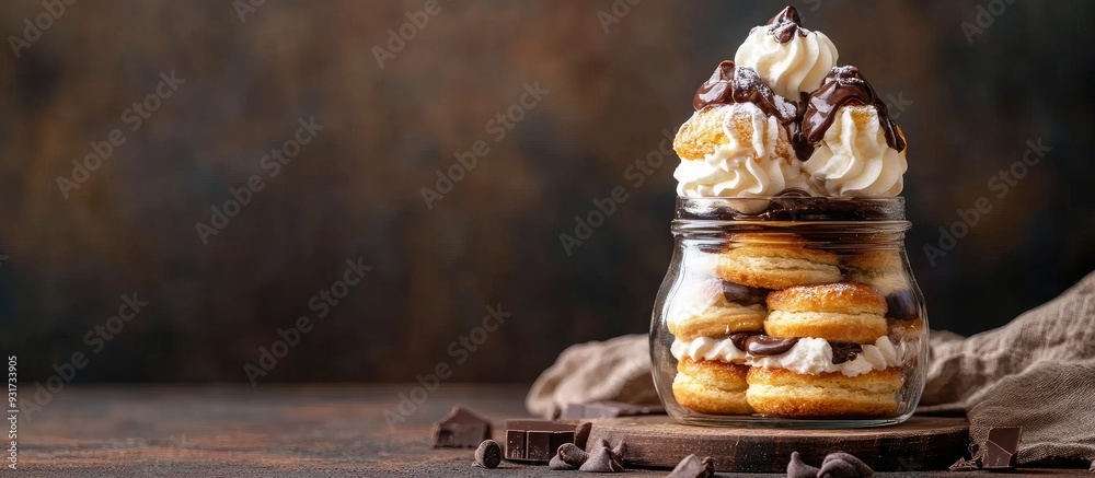 Poster homemade cake eclairs classic french profiteroles with chocolate in a glass jar dessert horizontal p