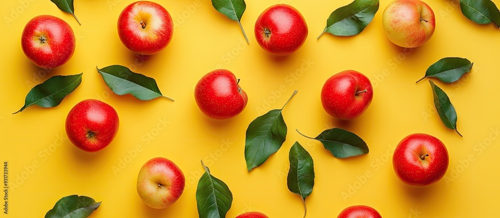 Poster pattern featuring small red apples and green leaves accompanied by dark shadows on a yellow backgrou