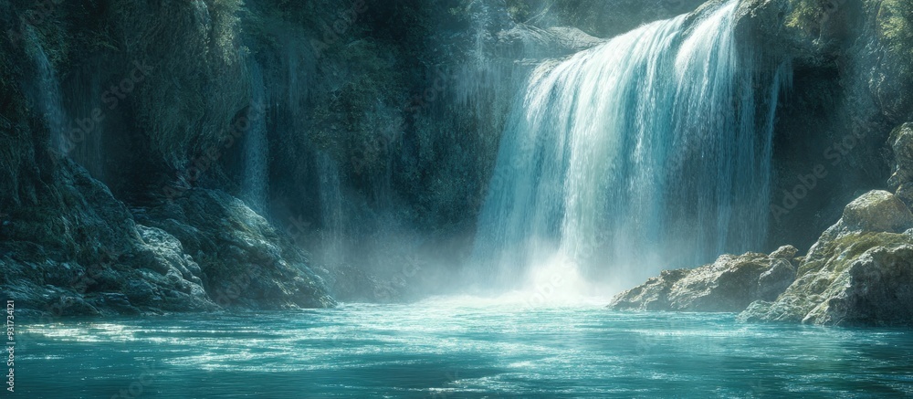 Poster stunning waterfall turquoise water cascades down from the mountain into the river. with copy space i