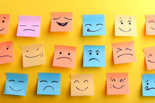 testimonial rating concept with white sticky notes, psychological comfort at work, emotions of joy and sadness at work,