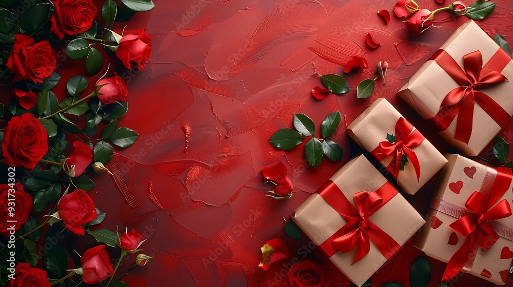Poster valentines day vertical banner design flat lay composition with gift boxes rose buds on red backgrou