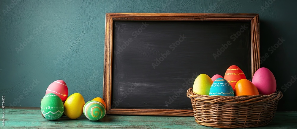 Leinwandbilder empty chalkboard and vibrant easter eggs in a basket on a green background. with copy space image. p