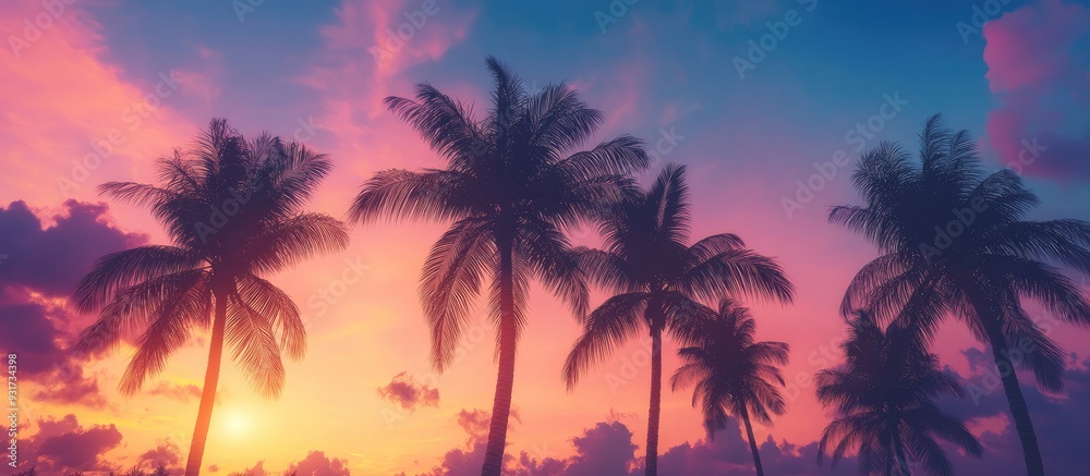 Poster Dark outlines of coconut palm trees set against a vibrant sunset sky on a tropical island Background for vacation and exotic travel concepts. with copy space image. Place for adding text or design