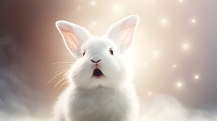 Fototapeta premium Cute surprised animal. Adorable white bunny looking shocked, fun surprise concept. Creative background.