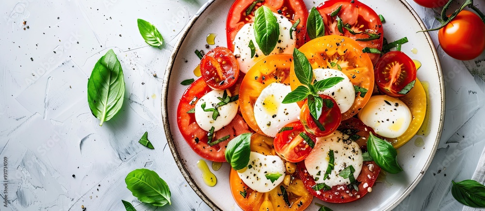 Poster A top view of a plate of Italian Caprese salad featuring Mozzarella cheese and cherry tomatoes photographed from above on a light background with space for text. with copy space image