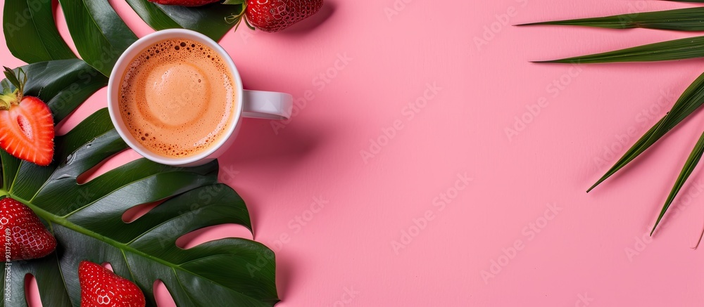 Aufkleber blank space for text coffee and palm leaves strawberry gift on a pink background top view flat lay c