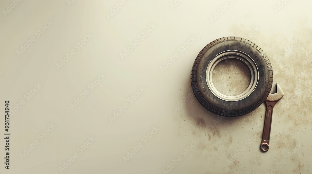 Poster a tire rests against a wall with a wrench placed next to it, emphasizing the theme of automotive mai