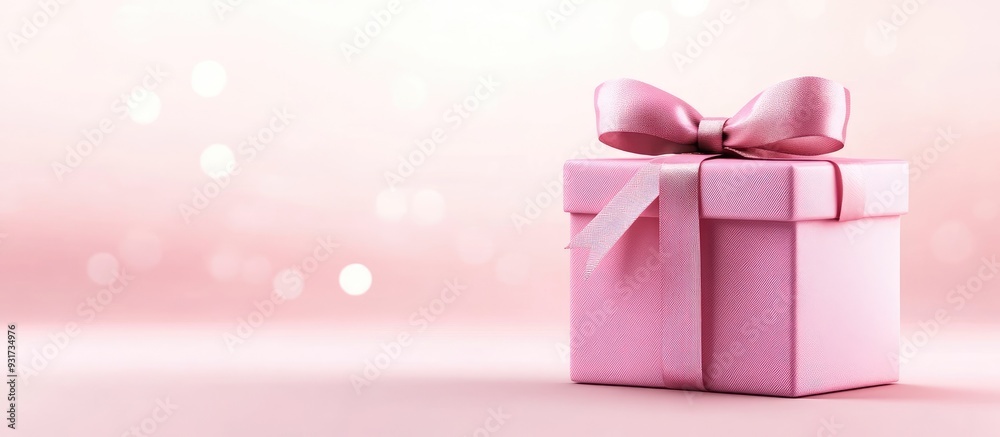 Poster Pink gift box tied with a bow on a light background. with copy space image. Place for adding text or design