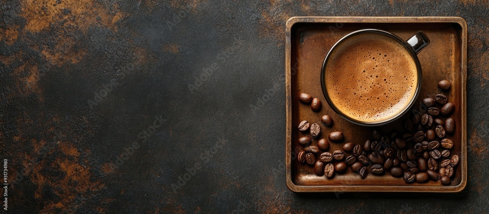 Leinwandbilder coffee on a wooden tray accompanied by coffee beans on a dark textured backdrop top view with copysp