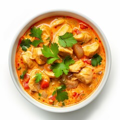 Fototapeta premium A bowl of chicken curry with cilantro garnish, isolated on a white background.