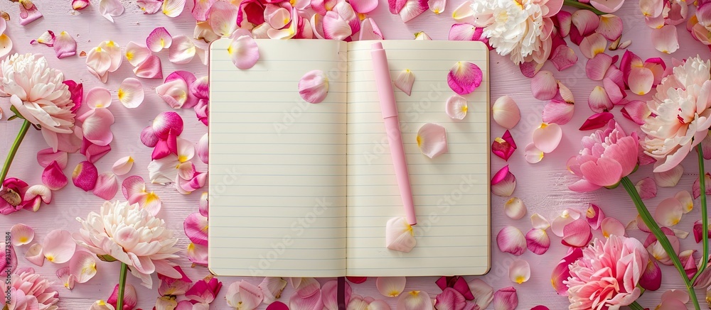 Poster a blank notebook a pen peony petals and heart shaped confetti are arranged on a textured background 