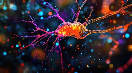 The neuron shows vibrant fluorescence with dendrites extending in a colorful backdrop, highlighting intricate neural connections