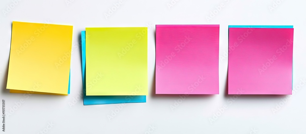 Poster Colorful sticky note sheets for messaging and notes against a white background. with copy space image. Place for adding text or design