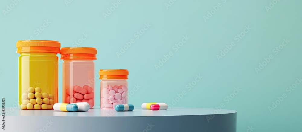 Poster Collection of plastic containers with pills on a table. with copy space image. Place for adding text or design
