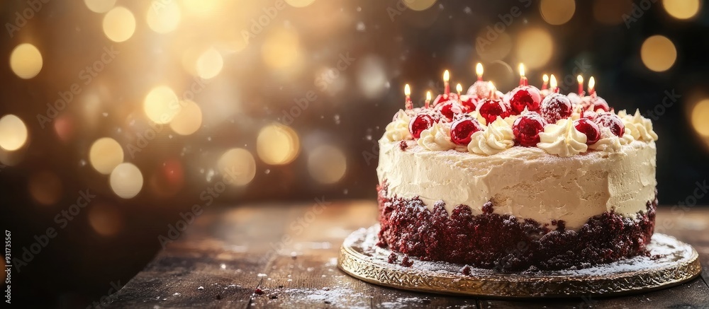 Poster Christmas cake on an ornate table for New Year s Eve. with copy space image. Place for adding text or design