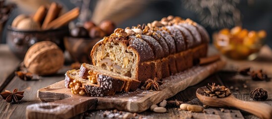 Freshly baked bread infused with spices dried fruits and nuts Perfect for festive occasions Toned. with copy space image. Place for adding text or design