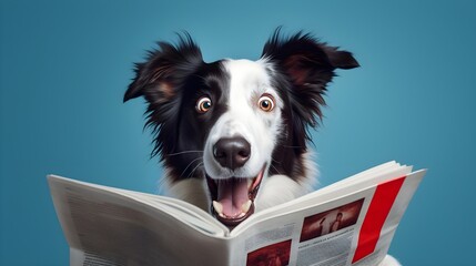 Cute surprised animal. Adorable Border Collie dog looking shocked and excited, reading news in a newspaper. Fun surprise concept. Creative background.