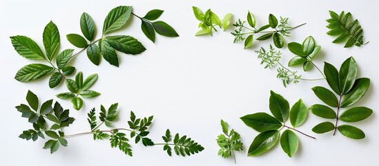 An oval arrangement of fresh oak and rowan ash leaves set against a white background The old saying for predicting summer weather is Oak before ash in for a splash and ash before oak in for a soak
