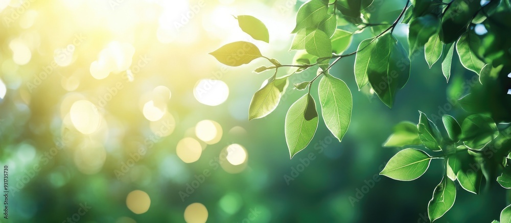 Aufkleber Bokeh background featuring abstract blurred leaves and vibrant summer sunlight. with copy space image. Place for adding text or design