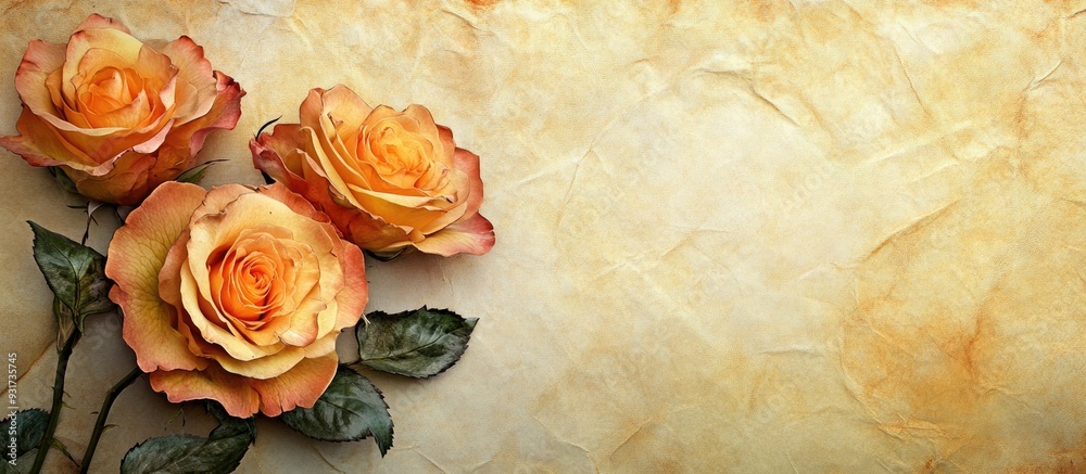 Leinwandbilder textured vintage paper backdrop featuring variegated yellow and orange roses. with copy space image.
