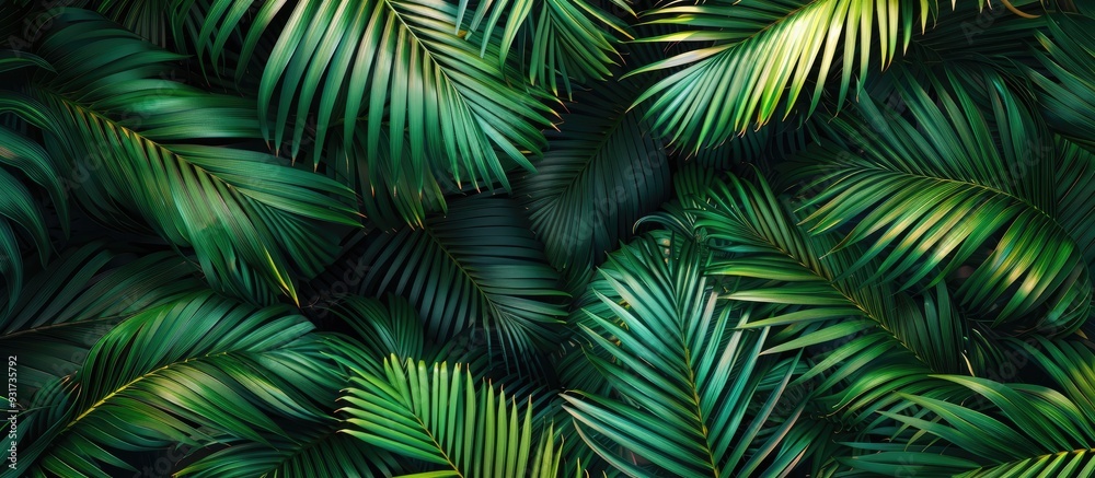 Poster palm leaves on a colored backdrop. with copy space image. place for adding text or design