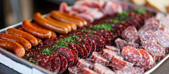 Fototapeta premium Food tray featuring tasty sausages and fresh salami Meat platter. with copy space image. Place for adding text or design