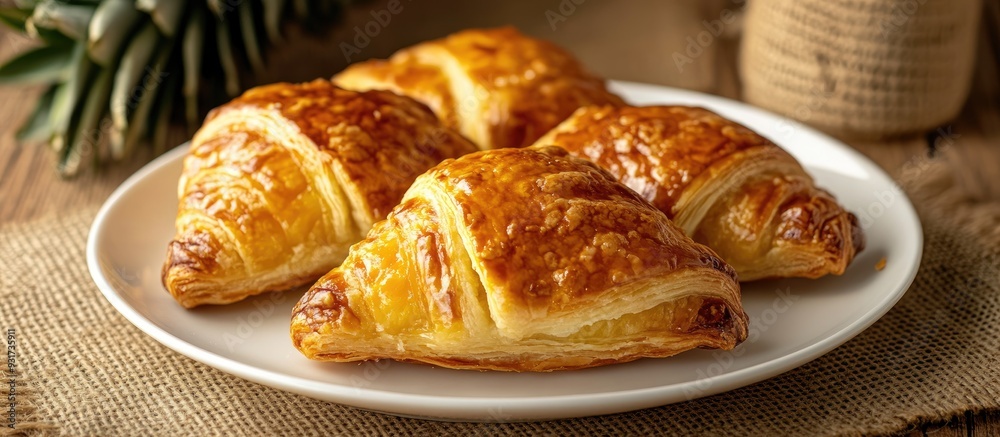 Aufkleber pineapple danish pastry on a white dish set against a brown sack background. with copy space image. 