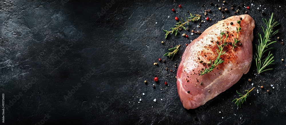 Poster Raw chicken breast for grilling with spices and herbs on a dark background top view Raw chicken for cooking A concept for delicious balanced meals. with copy space image