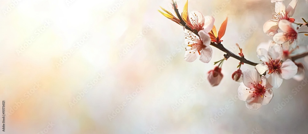 Poster apricot branch featuring the first delicate leaves of spring in sunny weather copyspace