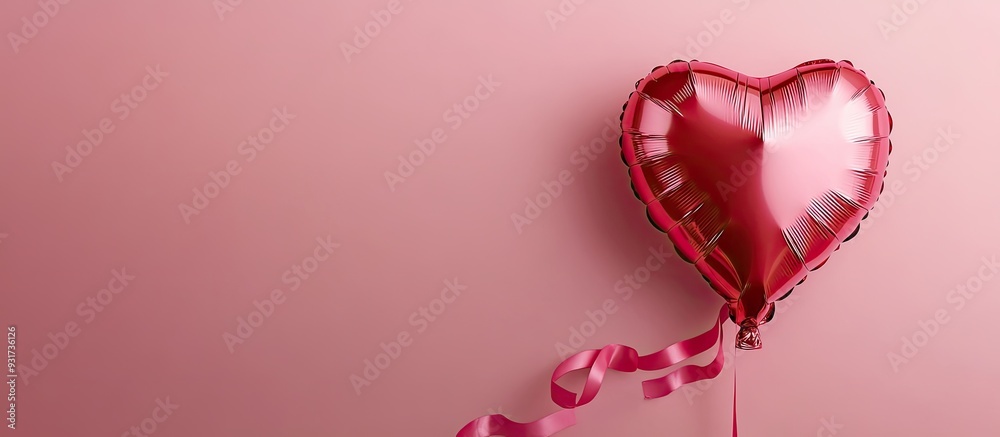 Aufkleber Heart shaped balloon with ribbon on a colored background Celebration of Valentine s Day. with copy space image. Place for adding text or design