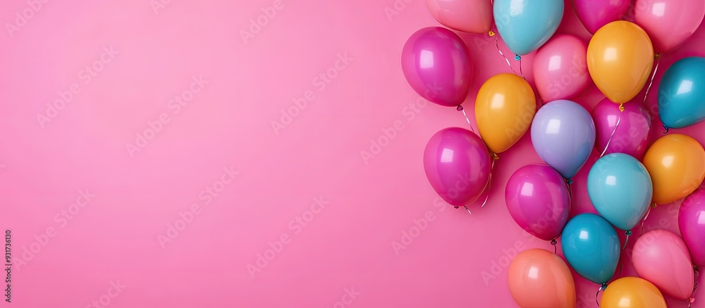 Poster A collection of colored balloons on a pink background Flat lay top view. with copy space image. Place for adding text or design