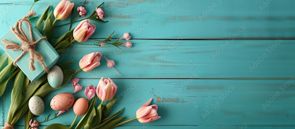 Poster Easter table arrangement featuring tulip flowers and eggs along with a tag that says Happy Easter set against a light blue wooden background from a top view with copy space