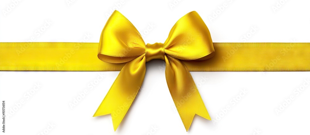 Poster yellow silk ribbon bow set against a white background. with copy space image. place for adding text 