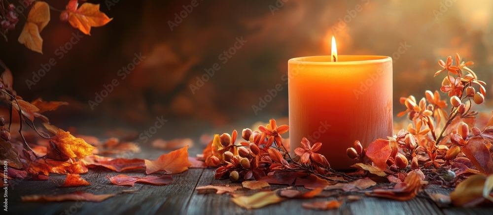Leinwandbilder autumn candle featuring orange leaves and blooms. with copy space image. place for adding text or de