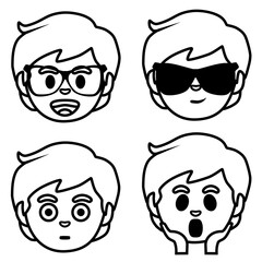 male face sticker in the form of a black line vector. The facial expressions include a cheerful face wearing glasses, feeling cool wearing sunglasses, a stunned face, a fascinated face with both hands