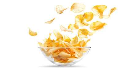 Potato chips falling into glass bowl isolated on white background with clipping path, flying potato crisps
