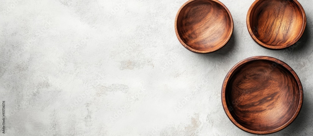 Leinwandbilder empty wooden bowl set with copyspace for text or food viewed from above on a white stone table backg
