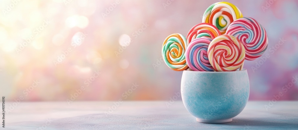 Aufkleber vibrant candies in a cup on a table against a light background oversized swirled lollipops a creativ