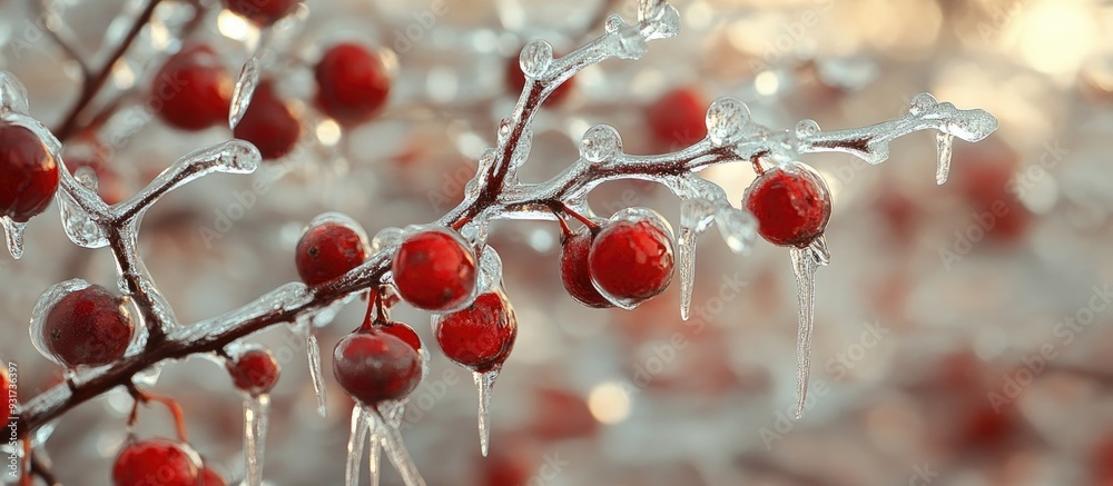 Poster Nature trapped in ice following a storm Ice storm in Toronto ice droplets on branches Attractive backdrop shallow depth of field with copyspace Icicles on red berries