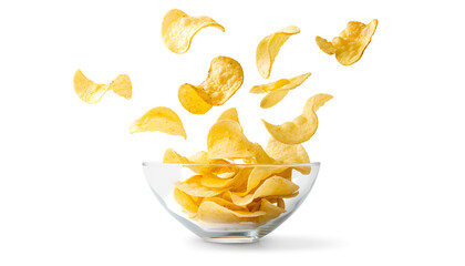Naklejka premium Potato chips falling into glass bowl isolated on white background with clipping path, flying potato crisps