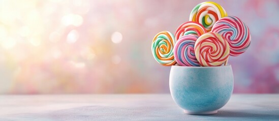Vibrant candies in a cup on a table against a light background Oversized swirled lollipops A creative idea featuring a jar filled with delightful treats from the candy shop. with copy space image
