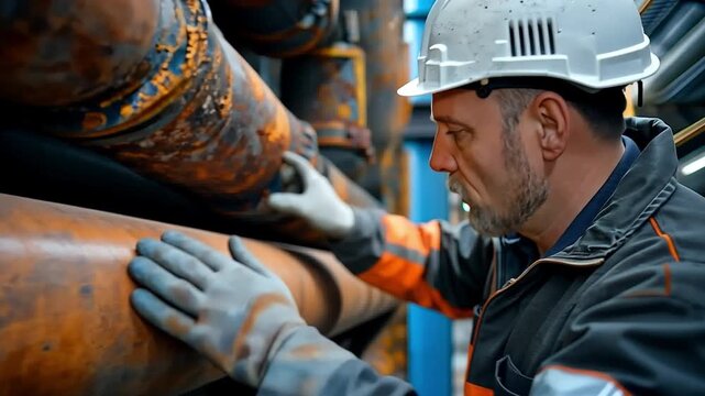 Male employee inspecting the pipeline visually corrosion of petrol and oil corrosion via the socket tube pipeline leakage of steam gas