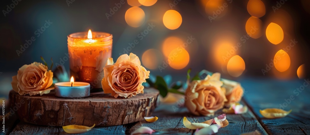 Poster close up of wooden candle holders with tea lights on red rose petals set against a blurred green bac