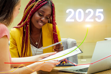 A woman in a yellow jacket is looking at a piece of paper, 2025 concept